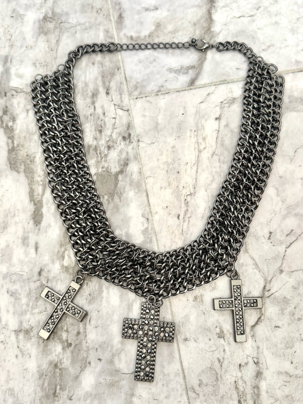 Guess by Marciano Gunmetal Multi-Strand Chain Necklace with Cross Charms